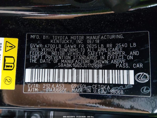 44232978 :رقم المزاد ، 58ABK1GG5JU112898 vin ، 2018 Lexus Es 350 مزاد بيع