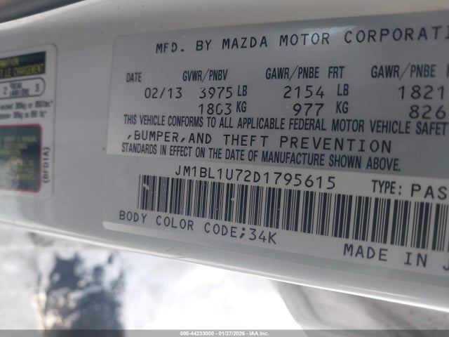 44233000 :رقم المزاد ، JM1BL1U72D1795615 vin ، 2013 Mazda Mazda3 I Sport مزاد بيع
