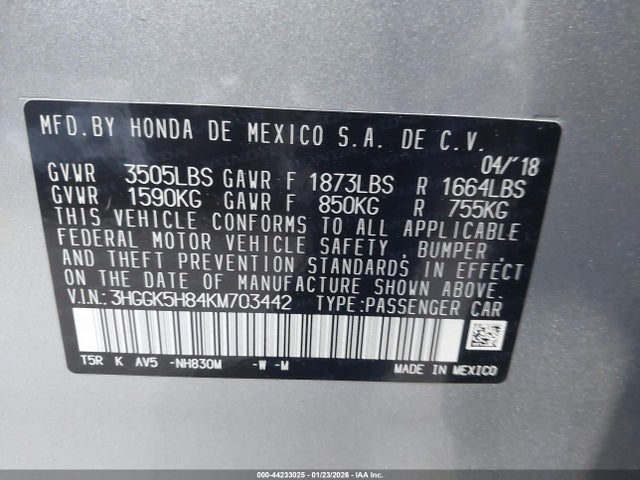 3HGGK5H84KM703442 Honda FIT EX