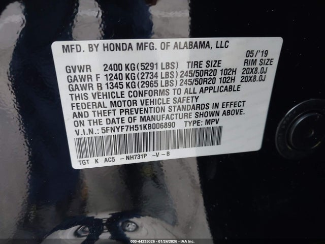 5FNYF7H51KB006890 Honda Passport Ex-l