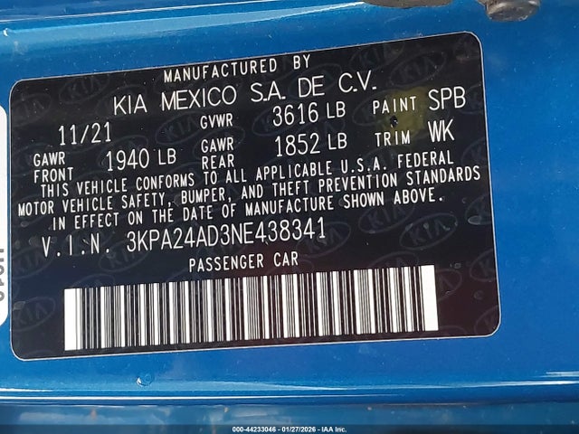 3KPA24AD3NE438341 KIA RIO S
