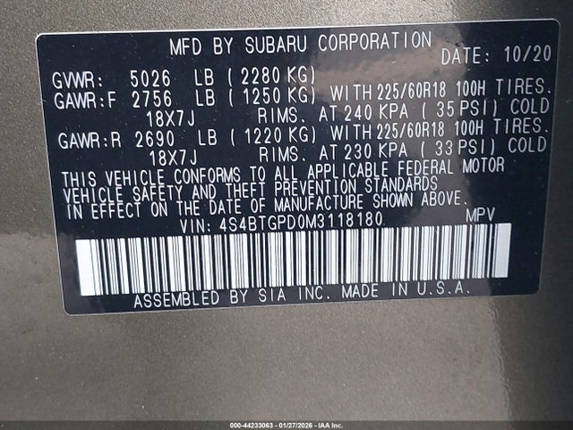 4S4BTGPD0M3118180 Subaru Outback Touring Xt