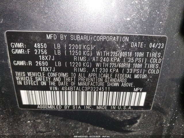 Aukcja sprzedaży 2023 Subaru Outback Onyx Edition, vin: 4S4BTALC3P3224511, numer aukcji: 44233122