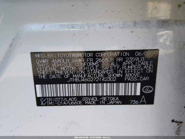 Продаж на аукціоні авто 2007 Lexus Es 350, vin: JTHBJ46G272142302, номер лоту: 44233140