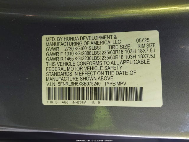 5FNRL6H6XSB075240 Honda Odyssey Ex-l