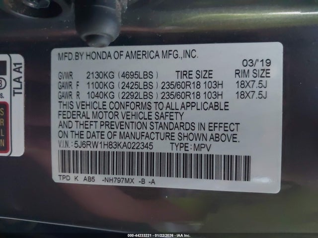 5J6RW1H83KA022345 Honda Cr-v Ex-l