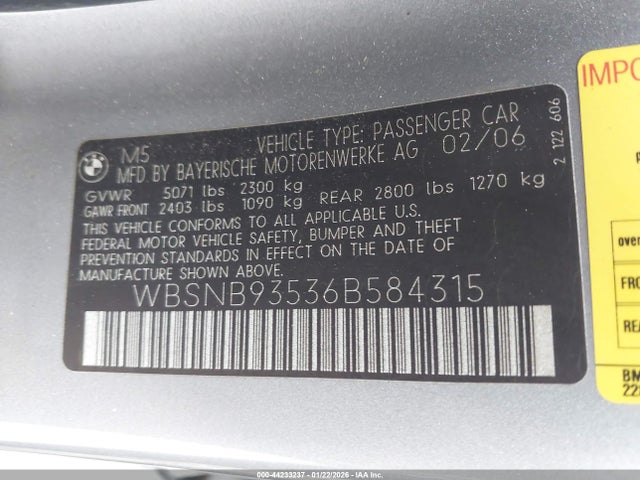 2006 BMW M5 WBSNB93536B584315 Photo 8