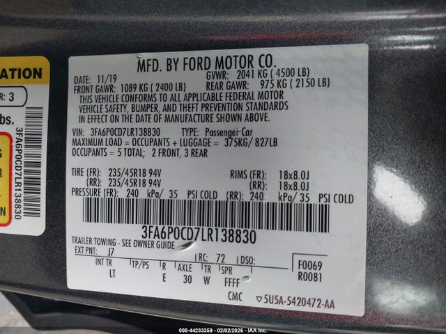 Ford FUSION SEL 2020 3FA6P0CD7LR138830 Image 9
