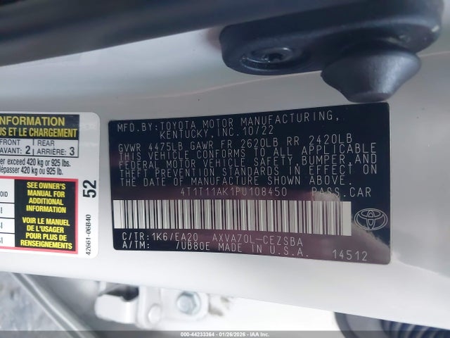 4T1T11AK1PU108450 Toyota CAMRY SE