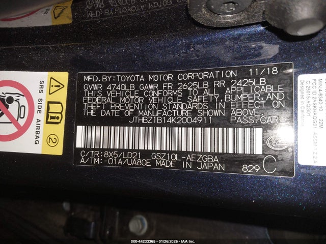 Aukcja sprzedaży 2019 Lexus Es 350, vin: JTHBZ1B14K2004911, numer aukcji: 44233365