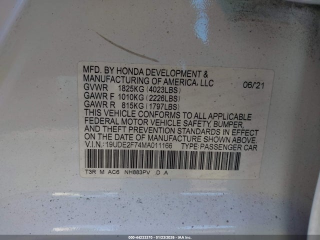 44233370 :رقم المزاد ، 19UDE2F74MA011166 vin ، 2021 Acura Ilx Premium Package/technology Package مزاد بيع