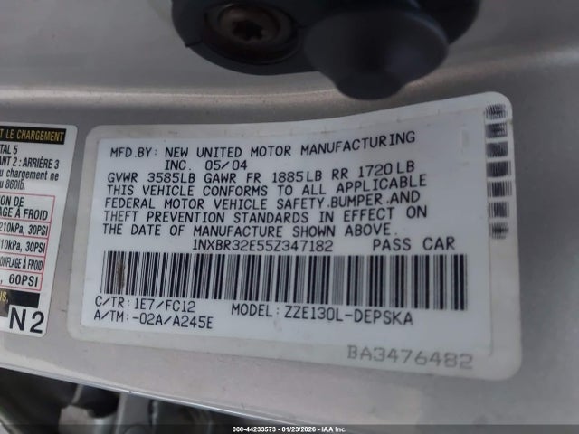 44233573 :رقم المزاد ، 1NXBR32E55Z347182 vin ، 2005 Toyota Corolla S مزاد بيع
