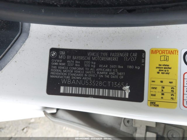 44233642 :رقم المزاد ، WBANU53528CT13654 vin ، 2008 Bmw 528i مزاد بيع