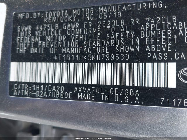 4T1B11HK5KU799539 Toyota CAMRY SE