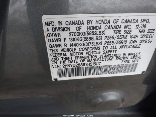 44233695 :رقم المزاد ، 2HNYD28867H516117 vin ، 2007 Acura Mdx Sport Package مزاد بيع