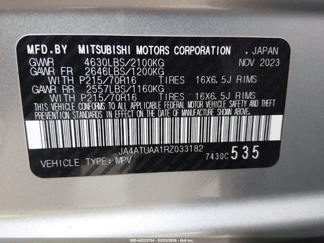 Продаж на аукціоні авто 2024 Mitsubishi Eclipse Cross Es S-awc, vin: JA4ATUAA1RZ033182, номер лоту: 44233754