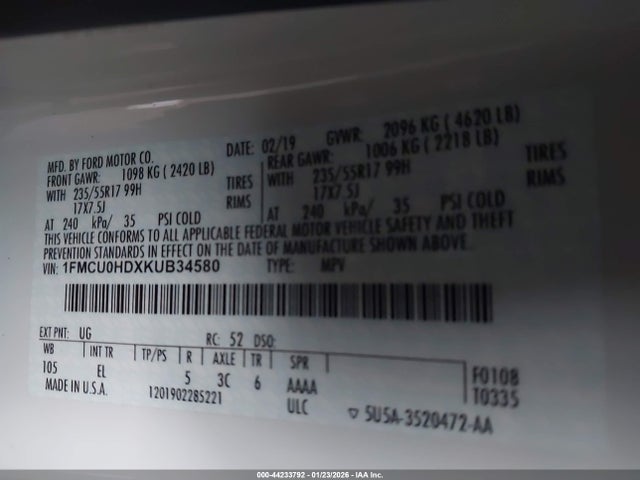 Aukcja sprzedaży 2019 Ford Escape Sel, vin: 1FMCU0HDXKUB34580, numer aukcji: 44233792