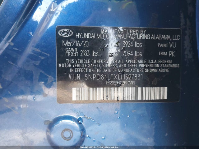 5NPD84LFXLH597831 Hyundai ELANTRA SEL