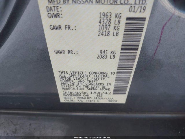 1N4BL4DV3KC184242 Nissan Altima 2.5 Sv