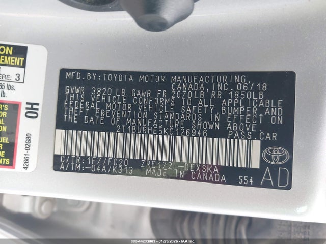 2T1BURHE5KC126946 Toyota COROLLA SE