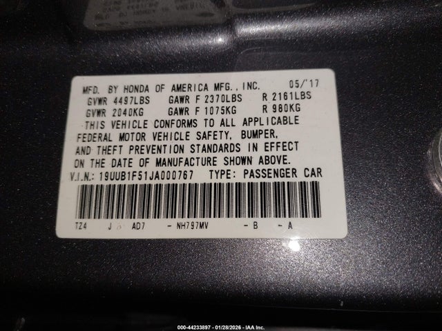 44233897 :رقم المزاد ، 19UUB1F51JA000767 vin ، 2018 Acura Tlx Tech Pkg مزاد بيع