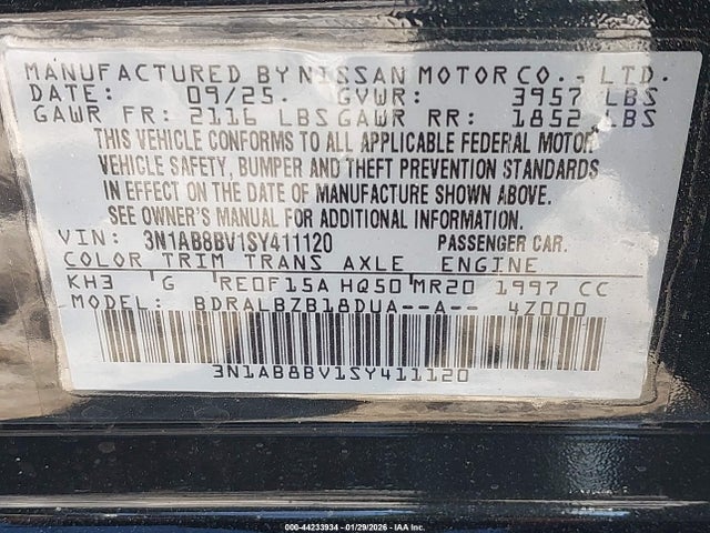 44233934 :رقم المزاد ، 3N1AB8BV1SY411120 vin ، 2025 Nissan Sentra S مزاد بيع