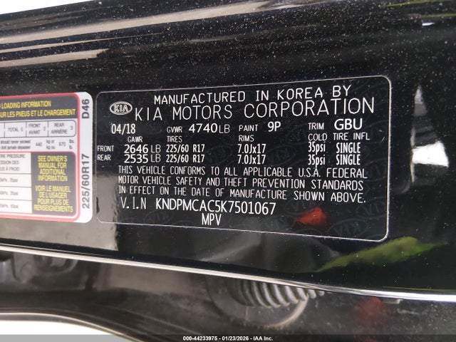 44233975 :رقم المزاد ، KNDPMCAC5K7501067 vin ، 2019 Kia Sportage Lx مزاد بيع
