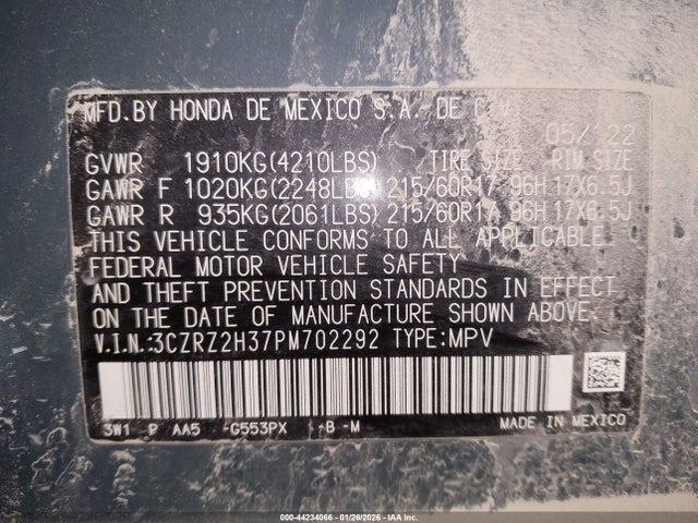 3CZRZ2H37PM702292 Honda Hr-v Awd Lx
