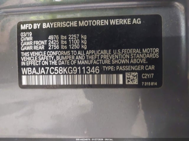 44234070 :رقم المزاد ، WBAJA7C58KG911346 vin ، 2019 Bmw 530i Xdrive مزاد بيع