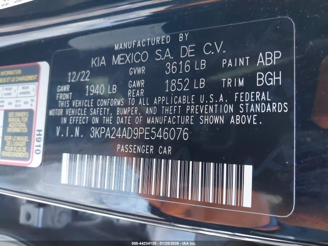 Aukcja sprzedaży 2023 Kia Rio S, vin: 3KPA24AD9PE546076, numer aukcji: 44234120