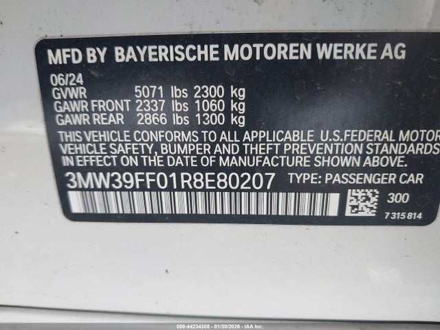 Aukcja sprzedaży 2024 Bmw 330e, vin: 3MW39FF01R8E80207, numer aukcji: 44234308