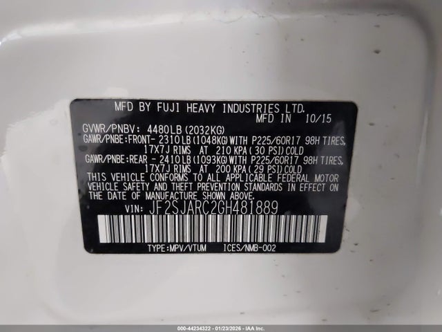 Aukcja sprzedaży 2016 Subaru Forester 2.5i Limited, vin: JF2SJARC2GH481889, numer aukcji: 44234322