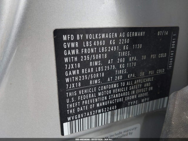 WVGBV7AX2FW522449 Volkswagen Tiguan Sel