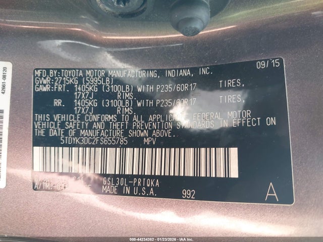 5TDYK3DC2FS655785 Toyota Sienna Xle Premium 8 Passenger