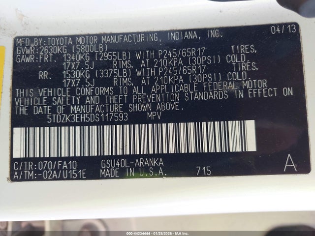 2013 TOYOTA HIGHLANDER 5TDZK3EH5DS117593 Photo 8