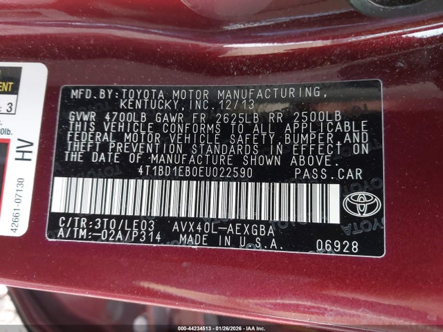 4T1BD1EB0EU022590 Toyota Avalon Hybrid Xle Touring