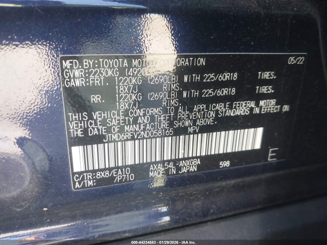 44234583 :رقم المزاد ، JTMD6RFV2ND058165 vin ، 2022 Toyota Rav4 Hybrid Limited مزاد بيع