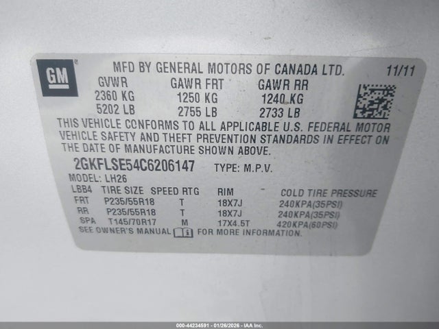 Aukcja sprzedaży 2012 Gmc Terrain Sle-2, vin: 2GKFLSE54C6206147, numer aukcji: 44234591