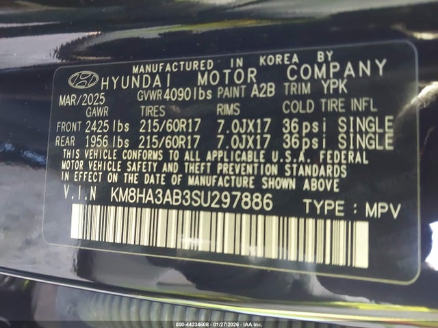 44234608 :رقم المزاد ، KM8HA3AB3SU297886 vin ، 2025 Hyundai Kona Se مزاد بيع