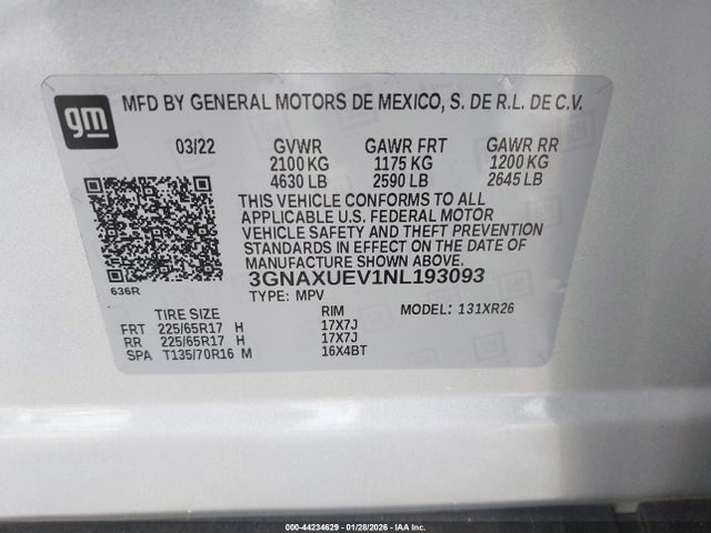 3GNAXUEV1NL193093 Chevrolet Equinox Awd Lt