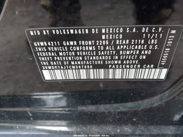 2012 Volkswagen Jetta 2.5l Se მანქანა იყიდება აუქციონზე, vin: 3VWDP7AJ7CM067688, აუქციონის ნომერი: 44234774