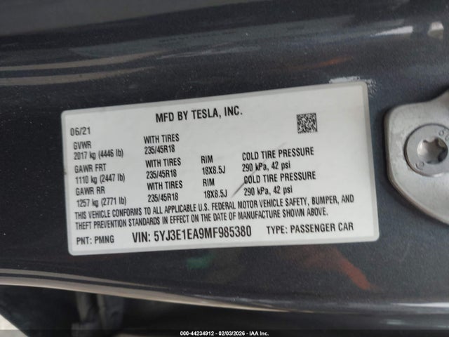 Aukcja sprzedaży 2021 Tesla Model 3 Standard Range Plus Rear-wheel Drive, vin: 5YJ3E1EA9MF985380, numer aukcji: 44234912