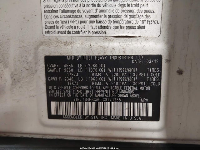 44234918 :رقم المزاد ، 4S4BRCAC5C3271255 vin ، 2012 Subaru Outback 2.5i مزاد بيع