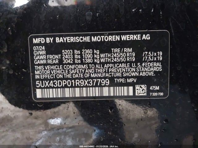 44234962 :رقم المزاد ، 5UX43DP01R9X37799 vin ، 2024 Bmw X3 Sdrive30i مزاد بيع