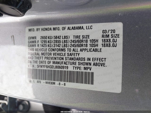 Aukcja sprzedaży 2020 Honda Pilot Awd Ex, vin: 5FNYF6H32LB060919, numer aukcji: 44234970