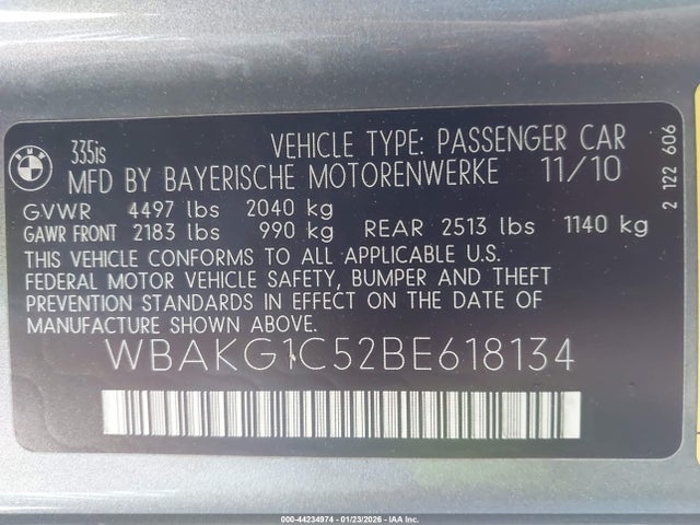 2011 Bmw 335is მანქანა იყიდება აუქციონზე, vin: WBAKG1C52BE618134, აუქციონის ნომერი: 44234974
