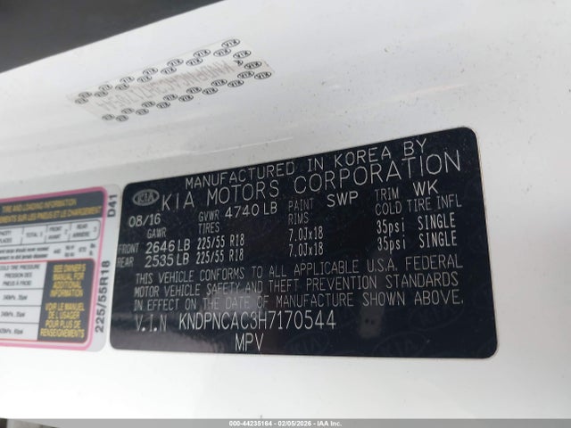 44235164 :رقم المزاد ، KNDPNCAC3H7170544 vin ، 2017 Kia Sportage Ex مزاد بيع