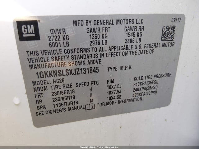 44235184 :رقم المزاد ، 1GKKNSLSXJZ131845 vin ، 2018 Gmc Acadia Sle-2 مزاد بيع