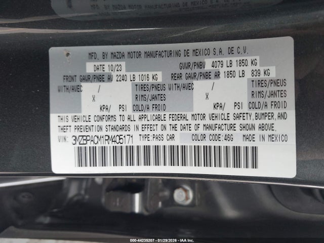 Aukcja sprzedaży 2024 Mazda Mazda3 2.5 S Preferred, vin: 3MZBPACM1RM405171, numer aukcji: 44235207