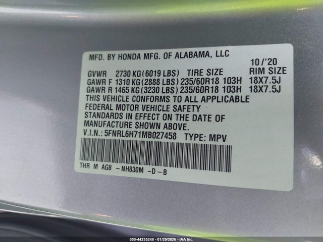 5FNRL6H71MB027458 Honda Odyssey Ex-l
